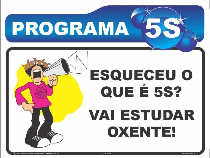 Placa de sinalização 5S com fundo branco, texto central e ilustração de personagem usando megafone.