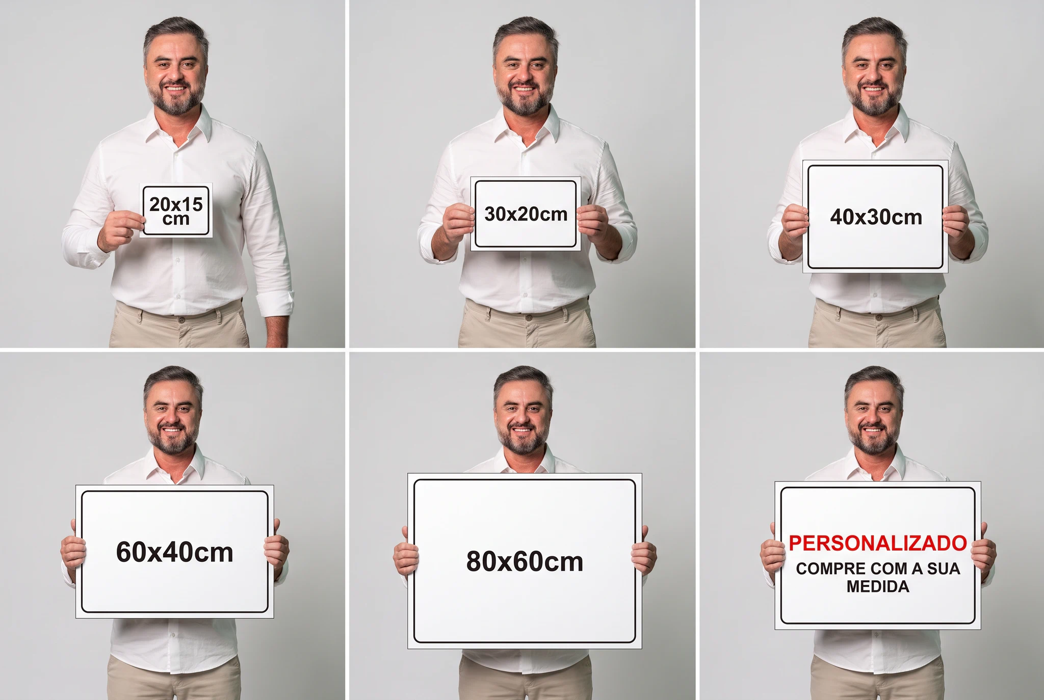 Homem segura placas em seis tamanhos diferentes comparando as dimensões de 20x15 cm até 80x60 cm e opção personalizada.
