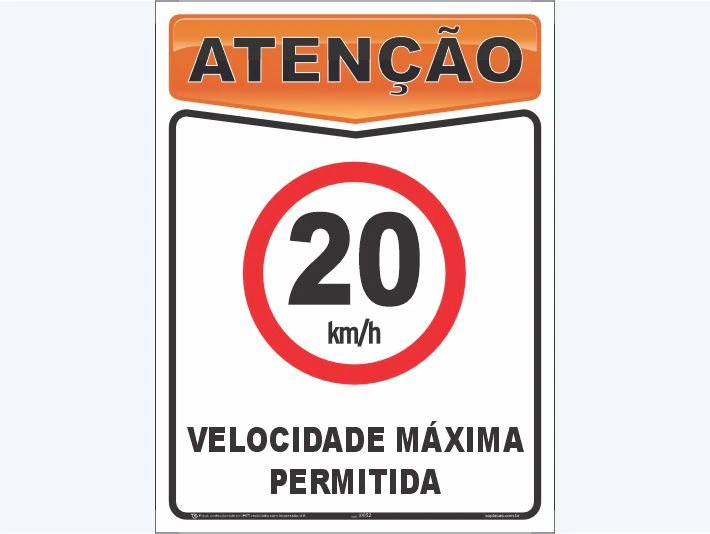 Placa de atenção com a mensagem: 20 km/h Velocidade máxima permitida